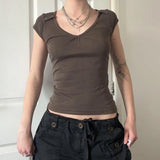 KYLETHOMASW  -  Folds V-neck Top Brown Vintage Slimming Button Short Sleeve T-shirt Casual Basic Streetwear Elegant Cargo Tops Summer