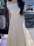 KYLETHOMASW  -  Casual White Solid Long Dresses Fairycore Slash Neck Inclined Shoulder Vestidos Summer Lace-up Ruched Trumpet Womens Dress
