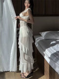 KYLETHOMASW  -  Fashion 2025 Summer White Ruffles Irregular Long Holiday Dress Fairy Women Sheer Mesh Sleeveless Vacation Beach Seaside Dress