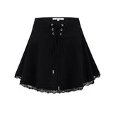 KYLETHOMASW  -  Holiday Front Cross Lacing up Bandage Bow Zipper Waist Mini Skirt Women White Spliced Lace Hem Ruched Swing A-lined Skirts Black