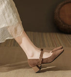 KYLETHOMASW  -  High Heeled Women Autumn New Fashion One-word Buckle with Light Mouth Pumps Womens Thick Heel Small Square Head Mary Jane Shoes