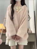 KYLETHOMASW  -   Sweater Women Sweet Furry Hooded Long Sleeve Loose Stretch Single Breasted Pockets Ball Drawstring Knitted Cardigan