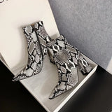 KIylethomasw Snake Print Pu Leather Women Ankle Boots Zip Pointed Toe Footwear Block High Heels Female Boot Winter Party Shoes Women New 43