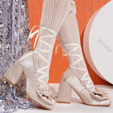 KYLETHOMASW  -  Sweet Cross Strap Ballet Style High Heels Women Spring Autumn Women Shoes Elegant Square Toe Satin Lolita Pumps Single Shoes