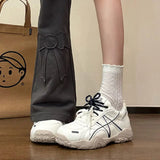 KYLETHOMASW  -  Women Contrast Double Laces Dad Sneakers Retro Hiking‑style Chunky Platform Shoes Pu Leather Lace‑up Casual Sneakers