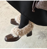 KYLETHOMASW  -  Ins style Fashion Square toe Patent Leather Wool Women Pumps Autumn Winter Warm High heels Loafers Casual Girls Chunky Shoes