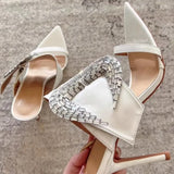 KYLETHOMASW  -  Niche Mature Sexy Rhinestone Open-toe Sandals, Thin Heel, Pointed Toe, Single Strap, Backless Sandals, High Heels for Dates