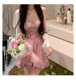 KYLETHOMASW  -  Sweet New Pink Sexy Dress Sweet Fresh Style Fragmented Flowers Print Waist Wrapped Slim Student Summer Short Lovely