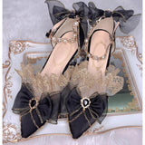 KYLETHOMASW  -  Champagne Lace Bows Crystal Stilettos Sandals Lolita Vintage Bridal Wedding Shoes Pearl Chain Ankle Strap Pumps for Tea Party