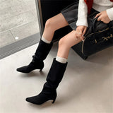 KYLETHOMASW  -   Women Knee High Boots Pointed Toe High Heel Long Western Boots Retro Quality Flock Women Knight Boots