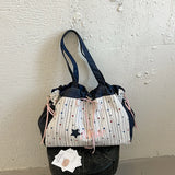 KYLETHOMASW  -  Women Denim Splicing Tote Bag Star Stripe Print Large Capacity Drawstring Shoulder Bag Casual Sweet Daily Shopping Handbag Purse