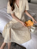 KYLETHOMASW  -  Ladies Dress Summer New Elegant Embroidered Hook Flower Lace Short Sleeve Waist Long Elegant Dresses