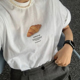 KYLETHOMASW  -  Sweet Croissant Print O-neck Cotton T-shirts Summer New Mid-length Loose Tee Shirt  Short Sleeve White Tops Women