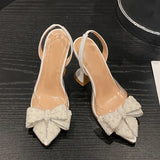 Kylethomasw Luxury Designer White Pearl Bowknot Women Pumps Sexy Pointed Toe High Heels Wedding Prom Shoe PVC Transparent Heeled Sandals