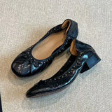 KYLETHOMASW  -  Autumn Vintage Rivet Bowknot Women Ballet Pumps Comfortable Soft Leather 3cm Thick Heeled Lazy Loafers Casual Girls Shoes
