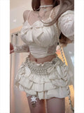 Kylethomasw Fashion Sexy Lace Off Shoulder Tops Women+ Y2k E-Girl High Waist Bow A-line Cake Skirts 2024 Spring New Two Piece Sets