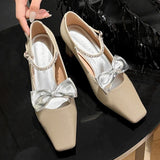 KYLETHOMASW  -  Elegant Bow Decoration Chunky Heel Pumps Women Luxury Rhinestone Ankle Strap Square Toe High Heels Fashion Wedding Bride Shoes