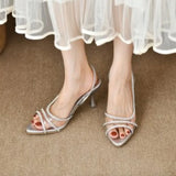 KYLETHOMASW  -  Classic Stiletto High Heels Womens Summer New Style Fairy Style Sexy Shallow Heel Hollow Pointed Rhinestone Open Toe Sandals