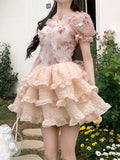 KYLETHOMASW  -  Lolita Kawaii Sweet Mini Dress Women Elegant Retro Lace Floral Party Dress 2024 Summer Japanese Style Vintage One Piece Dress