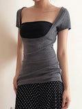 KYLETHOMASW  -  Fake two square neckline slimming short sleeved T-shirt with spicy girl temperament, backless and waist cinching bottom top