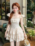 KYLETHOMASW  -  2025 Girl Dress Sweet Floral Square Neck Bow Women Korean Version Slimming Style Spliced Fluffy Cute Sweet Dresses