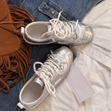 KYLETHOMASW  -  Women Sneakers Spring Summer New Leather Sweet Fashion Casual Flats Women Lace-up German Training Shoes Women Silver 321