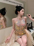 Kylethomasw Luxury Brand Feeling Small Group Temperament Heavy Industry Sequin Hanging Neck Sexy Wrap Hip Dress Women's Summer Premium Dress