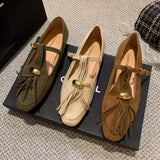 KYLETHOMASW  -  Luxury Metal Decoration Tassel Design Flats Women Comfortable Faux Suede Soft Sole Loafers Retro T Strap Buckle Mary Jane Shoes