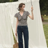 KYLETHOMASW  -  Korean Version Sweet Lace Short Sleeved Doll Retro Lace Navy Collar Plaid Shirt Women Short Cut French Style Shirts