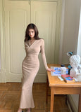 KYLETHOMASW  -  V Neck Bandage Dress Women Long Sleeve Lace-Up Midi Dress Korean Fashion Slim-Fit Stretch Long Dresses Female Vestidos Mujer
