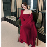 KYLETHOMASW  -  Women's Dresses Sets Solid V-Neck Long Cardigan+Waist Retraction Strapless Dress Sexy Elegant Knitted Two-Pieces Lady's Clothing
