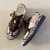 KYLETHOMASW  -  Autumn New Zebra Stripes Flats Sports Shoes Women Leather Patchwork Breathable Sneakers Casual Lace Up Comfort Running Shoe