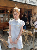 KYLTHOMASW  -   Academy Style Sweet Design Blue Flying Sleeve Plaid Dress for Women Summer New Chic Polo Neck Loose and Slim A-line Short Dress