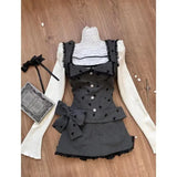 KYLETHOMASW  -  2024 New Japanese Vintage 3 Piece Set Women Casual Square Collar Blouse + Lace Patchwork Print Vest + Y2k Bow Mini Skirts Female