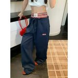 Kylethomasw American Contrast Color Patchwork Loose Wide Leg Pants Women Autumn New High Waist Lace-up Letters Embroidered Casual Pants