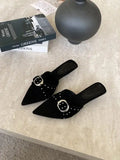 KYLETHOMASW  -  Shoes Woman 2025 Pointed Toe Slippers Summer Rivet Luxury Slides On A Wedge Low Flock Designer Rome Hoof Heels Fabric Rubber Fas