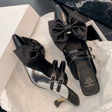 Kylethomasw  -  Women's summer thin high heel mules genuine leather mix color patchwork pointed toe slip-on summer sweet bowtie slides sandals