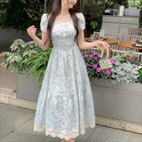 KYLETHOMASW  -  French Style Floral Women Dresses Puff Sleeve Vintage Summer Vestidos Mujer Fashion Elegant Square Neck Long Dress