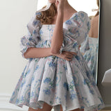 KYLETHOMASW  -  Elegant Lady Birthday Party Mini Dresses Y2K Kawaii Puff Sleeve Square Collar A-lin Dress for Women Wedding Evening Prom Clothes