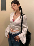 Kylethomasw Y2K Stain Acetate Cropped Blouse for Women Sexy Long Sleeve V-neck Shirt with Lace-Up Korean Fashion Vintage Ladies Tops