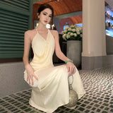 KYLETHOMASW  -  French Fashionable Elegant Satin Evening Gown Women's Backless V-neck Halter Camisole Long Dress Sexy Chic Banquet Gown