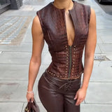 KYLETHOMASW  -  Chic Brown Crocodile Print Faux Leather Vest Sleeveless Deep V Neck Zip Front Studded Waist Punk Streetwear Fashion Tops