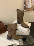KYLETHOMASW  -  Black Chunky Heels Ankle Boots Woman Pointed Toe Rivet Fall Shoes Belt Buckle Western Style Cowboy Boots Zapatos Mujer