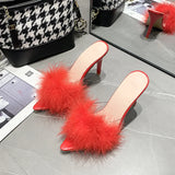 KYLETHOMASW  -  41-43 big size fur sandals high heels transparent slippers women brand designer feather sandalias mujer pointy open toe slides