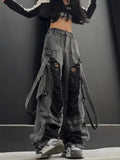 Kylethomasw Black Ripped Jeans for Women Hip Hop Y2k Vintage Baggy Hole Do Old Wide Leg Cargo Denim Pants Streetwear Casual Bottoms