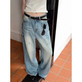 Kylethomasw Streetwear Washed Distressed Casual Jeans Women Summer New Korean High Waist Loose Casual Denim Wide Leg Pants