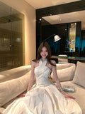 KYLETHOMASW  -  2025 Backless Cross Hanging Neck Dress Women Summer Pure Desire To Tuck in Waist Swing Long Design A-line Vestidos