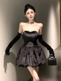 KYLETHOMASW  -  Sexy Black Velvet Womens Dresses Y2K Strapless Birthday Party Mini Dress Korean Slim Waist A-Line Short Vestidos Female Clothing