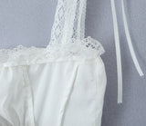 KYLETHOMASW  -  White Spliced Lace Slash Collar Ribbon Bow Strap Summer Corset Women Summer Tank Tops Pleated Slim Through Buttons Crop Top