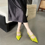 KYLETHOMASW  -  Rivet Metal Belt Buckle Design Low Heel Sandals Women Sexy Pointed Toe Patent Leather Slingbacks Round Heel Women Pumps Mules